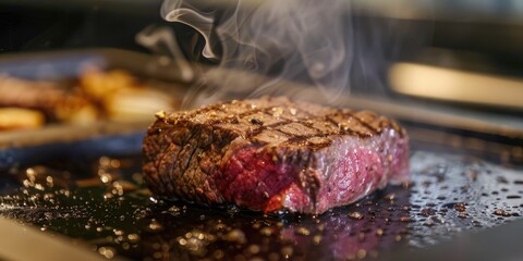 Sticker - Prime steak sizzling on griddle pan in a professional kitchen Gourmet beef cooking on grill for a delectable modern dish