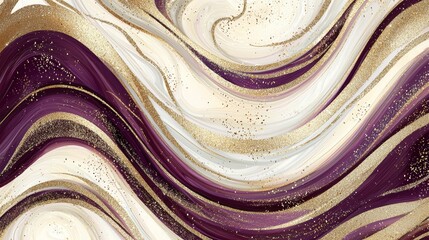 Abstract golden glitter is flowing on purple waves creating a luxury liquid marble background with a natural stone effect