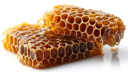 This image shows three pieces of golden honeycomb, glistening with fresh honey, arranged closely against a white background