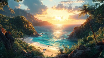 Breathtaking tropical scene features a sunlit beach, turquoise ocean, lush green mountains, and palm trees under a vibrant sunset sky