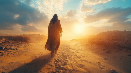 Wall Mural - Lone figure in a cloak walks through a sunlit desert landscape, heading towards a bright, cloudy horizon