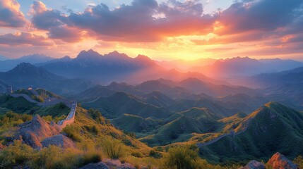 Image showcases the Great Wall winding through lush green mountains at sunset, with dramatic clouds and vibrant sky colors