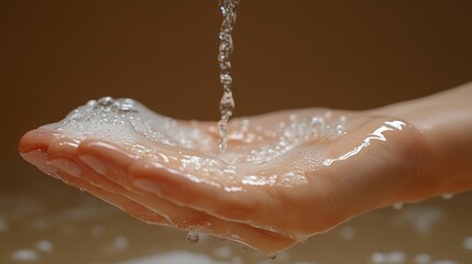 Stream of water pours into a person's soapy hand, creating bubbles and a cleansing effect against a blurred background