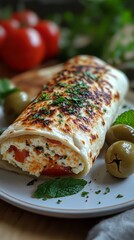 Wall Mural - Deliciously grilled wrap filled with vegetables, garnished with fresh herbs, surrounded by olives, and tomatoes in background