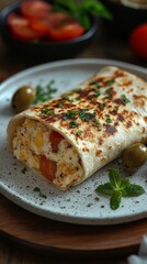 Wall Mural - Grilled wrap filled with scrambled eggs, tomatoes, herbs, served on a plate garnished with olives and fresh mint leaves