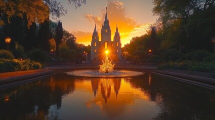 Wall Mural - Beautiful castle bathed in a golden sunset, with a fountain and reflective pond in the foreground