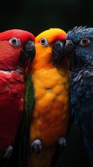 Image shows three colorful parrots, one red, one yellow, and one blue, standing closely together against a dark background