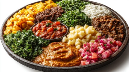 Wall Mural - Vibrant platter of various colorful dishes, including vegetables, grains, and sauces, arranged on a round plate