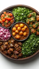 Wall Mural - Platter with spiced potatoes, meat, chopped greens, salsa, diced red onions, and leafy salads arranged in sections