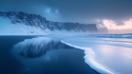 Wall Mural - Serene winter coastline with snow-covered cliffs, a dark, reflective water surface, and a cloudy sky illuminated by soft sunlight