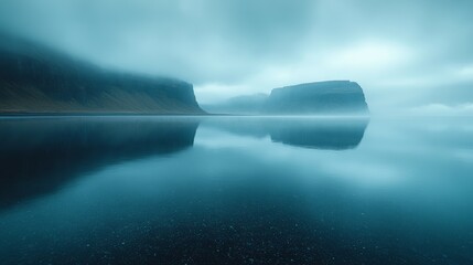 Sticker - Calm, misty body of water reflects fog-covered cliffs and an overcast sky, creating a serene and mysterious atmosphere