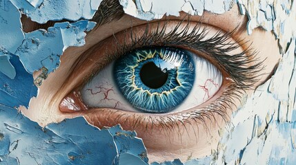 The portrait depicts a woman's eye seeing through a torn hole in vintage paper, painted in blues and beiges. A hyperrealistic representation of women.