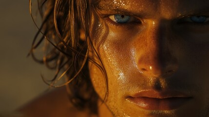 A stunning handsome athletic and sexy surfer model looks posing on the beach with hazel blue eyes and brown hair