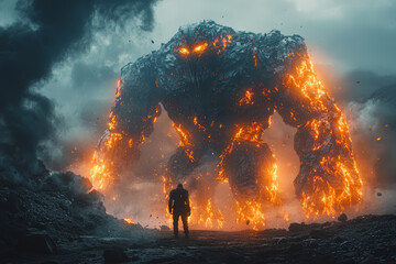 Poster - A towering giant with a rocky exterior and glowing cracks, stepping through a desolate landscape. Concept of elemental monsters and apocalyptic themes.