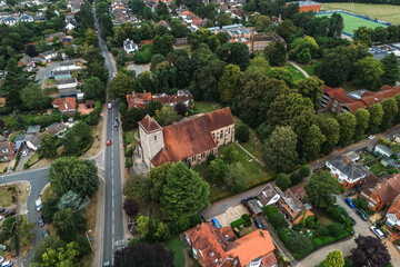 Aerial drone shot of All Saints Church in Bishops Stortford in England