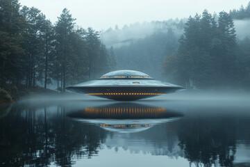 Poster - A saucer-shaped UFO with reflective surfaces emerging from a misty lake, creating ripples on the water. Concept of alien vehicles and water-based sightings.