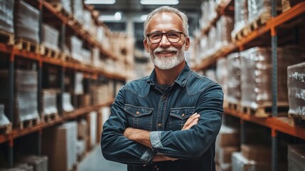 Close up of an older American male in his 30s, erect in a warehouse and standing arms crossed looking at the camera. He's a small business owner, entrepreneur, salesperson, and supervisor.