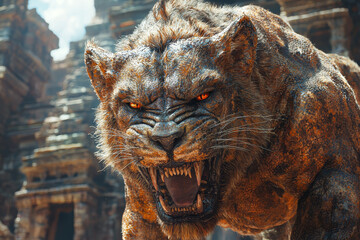 Wall Mural - a monstrous hybrid with the body of a lion and the head of a serpent, prowling through ancient ruins