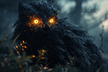 Mystical Owl With Glowing Eyes In Dark Forest