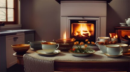 Wall Mural - A cozy kitchen scene by a wintery fireplace, rustic wooden countertops, a vase of wildflowers, and a woven table runner