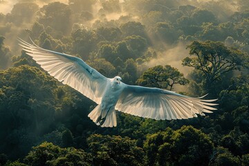 Poster - A Bird Soaring Through A Foggy Forest