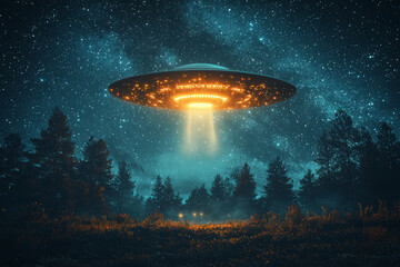 Wall Mural - a classic, saucer-shaped ufo with bright white lights, darting quickly across a night sky filled wit