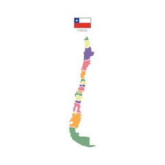 Wall Mural - Colored silhouette map of Chile with the outline of regions. Vector illustration with a flag.