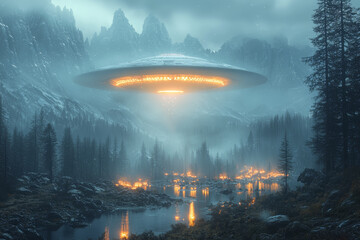 Canvas Print - A bright, pulsating UFO with rotating lights, rising from a hidden valley surrounded by tall mountains. Concept of concealed landings and mountainous regions.