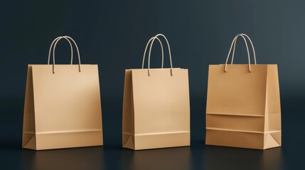 Modern illustration of a realistic mockup of a set of paper shopping bags. Set against a gray background, these shopping bags are designed for transporting goods and products during grocery shopping