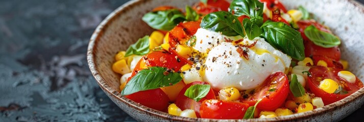 Canvas Print - Burrata Cheese Made from Cow Milk Served with Tomato and Corn Salad in a Stylish Ceramic Bowl