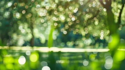 Wall Mural - Beautiful blurred background of a natural summer forest with sunlight and bokeh effects.