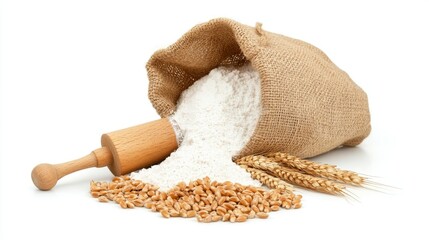 Objects consisting of wheat flour, a wooden scoop, and a paper bag are isolated on a white background