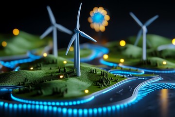 Fototapete - Clean energy facility blueprint is highlighted in a minimalist design showing the detailed layout and structure of a wind farm