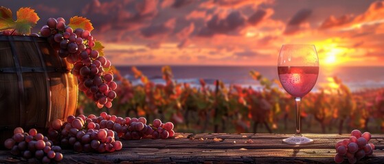 A glass of red wine, fresh grapes, and a barrel with a picturesque vineyard sunset backdrop.