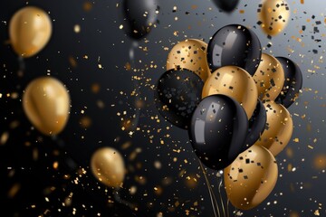 A black and gold party scene with many balloons and confetti, generative ai image