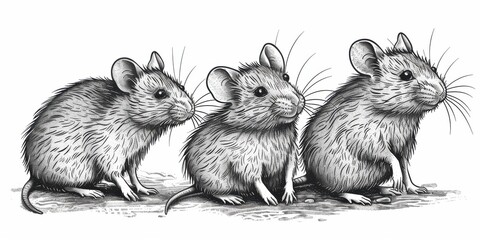 Wall Mural - A group of four adorable grey mice sitting close together on a neutral background.