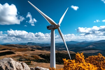 Fototapete - Clean energy performance optimization is depicted in a minimalist design focusing on the streamlined operation of a wind turbine