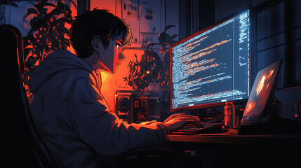 A man is sitting in front of a computer monitor, typing on a keyboard