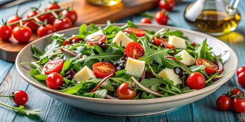 Fresh and vibrant arugula salad with cherry tomatoes, parmesan shavings, and balsamic dressing, healthy