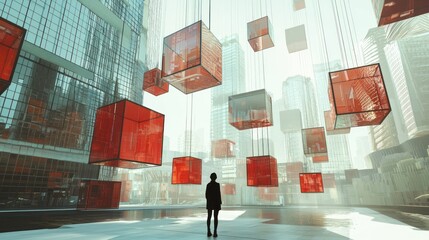 Poster - A Single Figure Standing Amidst Suspended Red Cubes in a Modern Cityscape