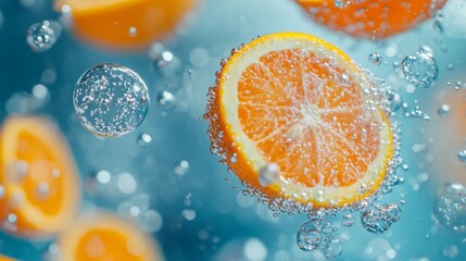 Wall Mural - Fresh slices of orange and lemon placed in crystal clear sparkling water. Close-up captures the effervescence of the bubbles that enhance the vibrant colors of the lemon and orange.