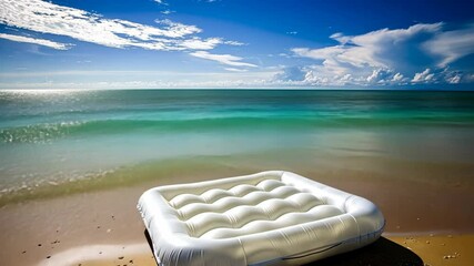Wall Mural - A cheerful setup along the shoreline features a bright inflatable mattress resting on warm sand, inviting relaxation under a beautiful sky with fluffy clouds