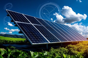 Fototapete - Clean energy structure and engineering are showcased in a minimalist blueprint focusing on the design and layout of a modern solar farm