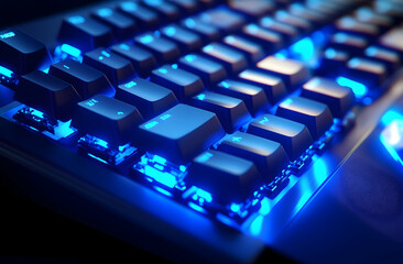 Neon blue-lit keyboard, ready for professional gaming in a cyber sports tournament,