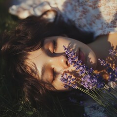 A young woman with her eyes closed lies in a field of lavender, bathed in the golden light of the setting sun.