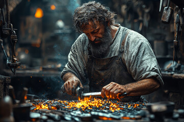 Canvas Print - A medieval blacksmith forging a sword in a rustic forge, with glowing embers and tools scattered around. Concept of craftsmanship and medieval trades.