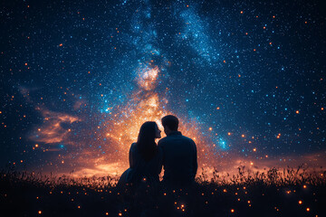 Wall Mural - a duo sharing a heartfelt moment under a starlit sky, capturing their deep connection in a tranquil 