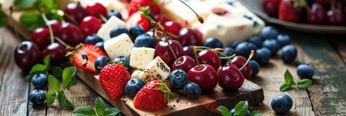 Wall Mural - Grilled white cheese served with strawberries, cherries, blueberries, and blueberry jam as a classic appetizer.