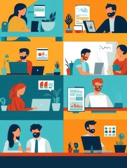 Poster - A group of diverse people work on computers, sharing insights and ideas in a vibrant, collaborative workspace environment. Generative AI