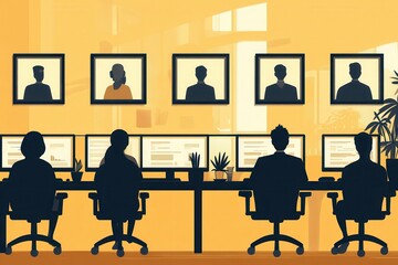 Poster - Groups of individuals collaborate at their desks, focused on computer screens in a well-lit office environment. Generative AI
